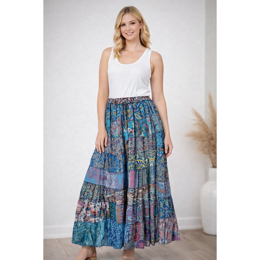 Cienna Blue Patchwork Paisley Tiered Maxi Skirt Boho Festival L/XL‎ Poly/Silk